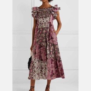 Ulla Johnson Zoya Batik Patchwork Tie Back Midi Dress